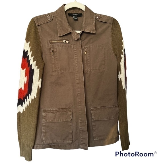 Forever 21 Jackets & Blazers - VINTAGE 2000s Military Style Utility Jacket Southwestern Sweater Sleeves Size S